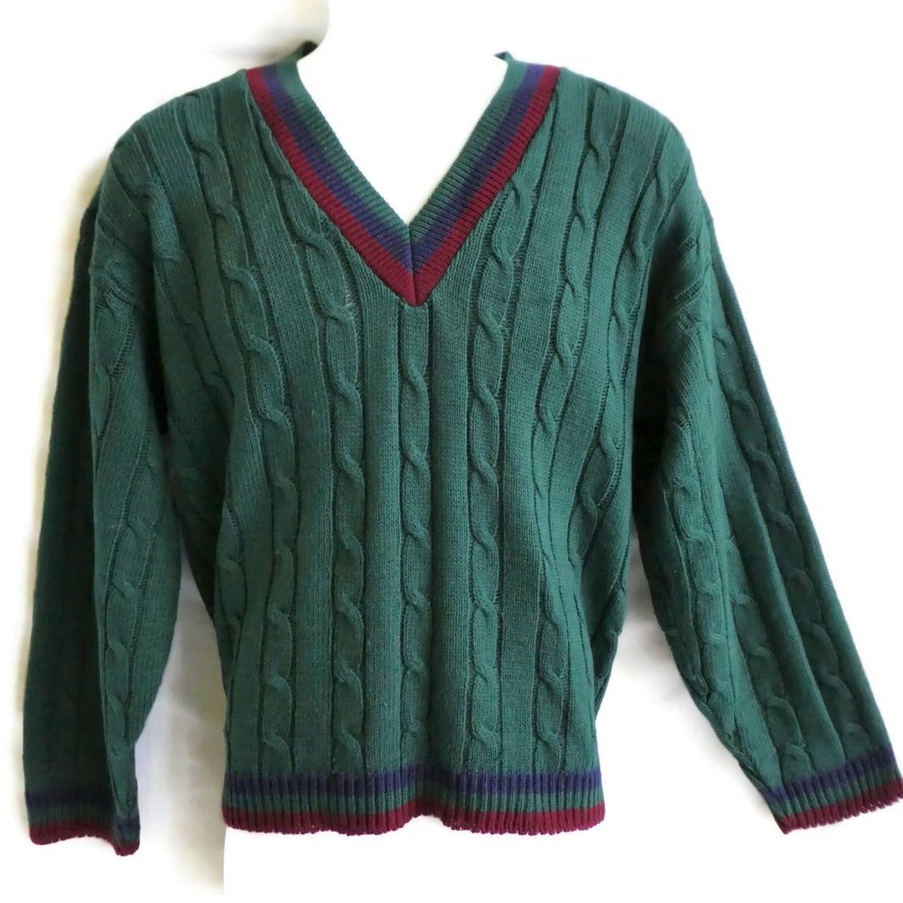 Vintage 80s Scandia Sweater Tennis Varsity V Cable Acrylic USA L